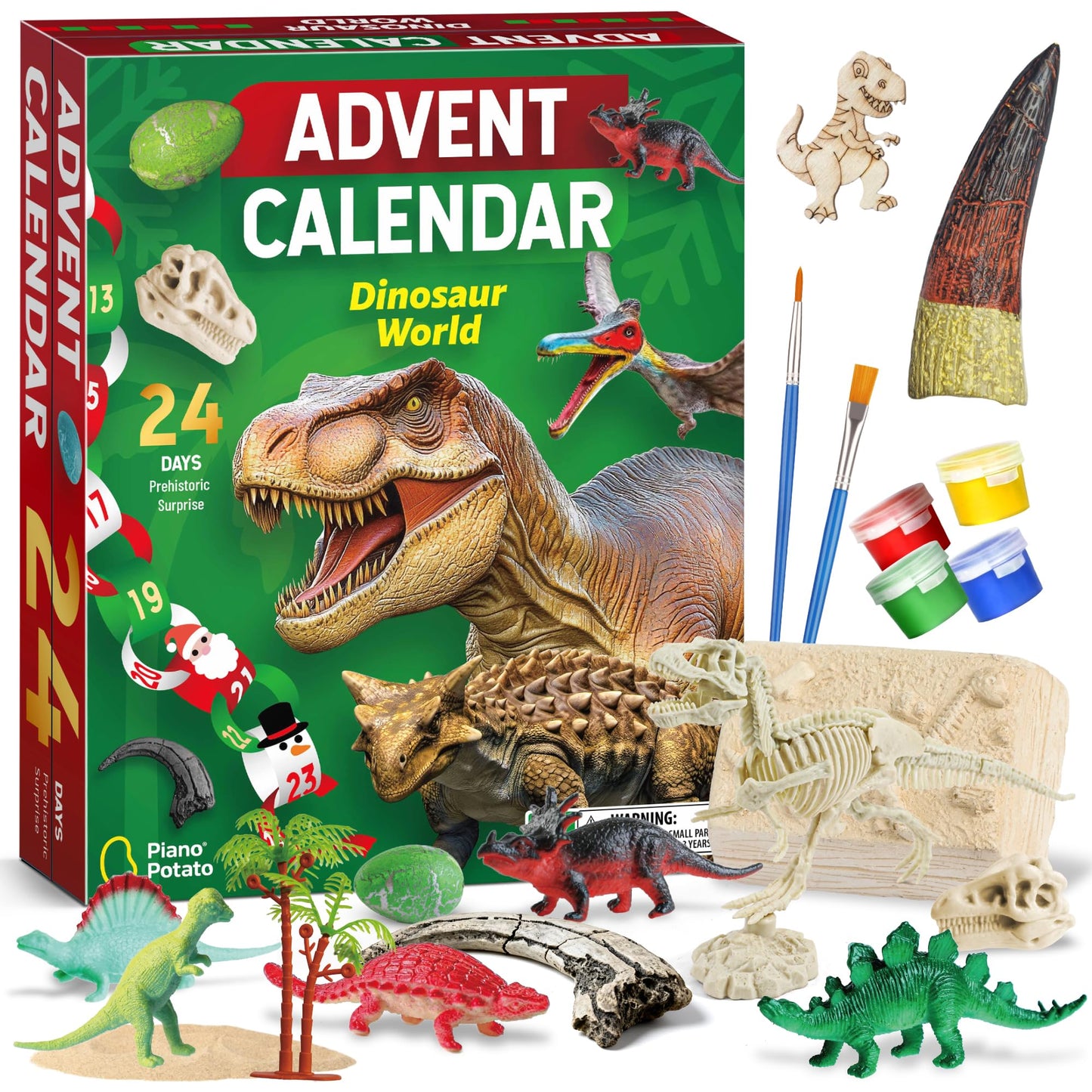 Dinosaur World Advent Calendar for Kids - 24 Days Prehistoric Surprise Christmas Countdown with Dino Figurines, Fossil Dig, Painting, Ideal Xmas Gift for Boys Girls