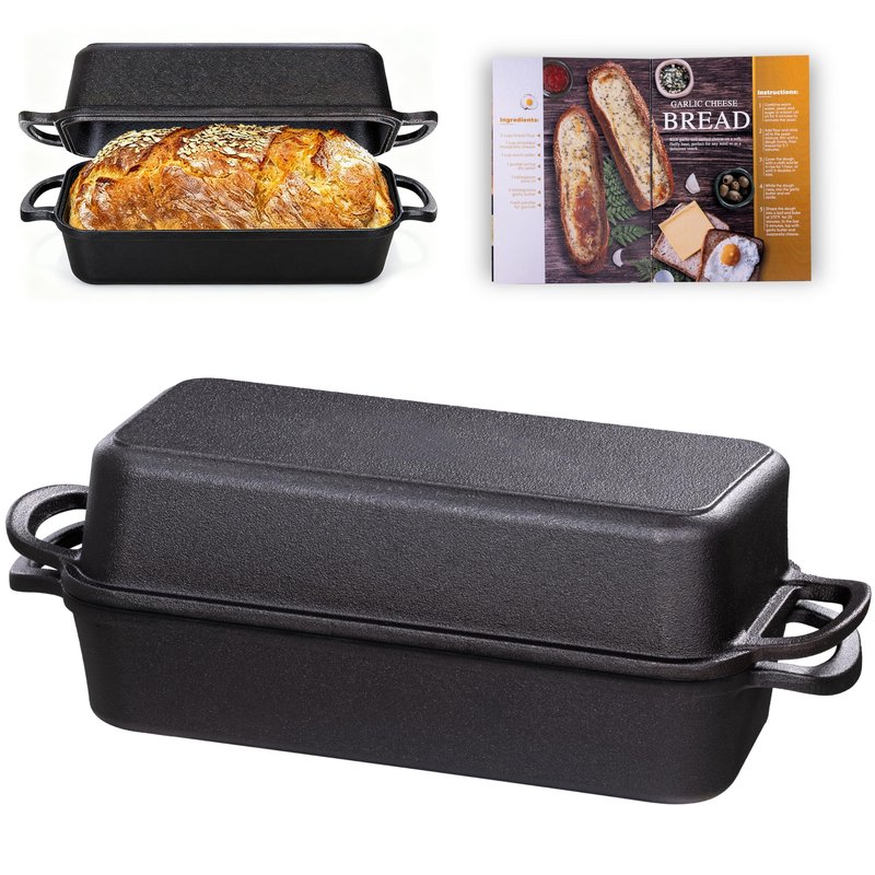 Vanderlume 11x5 Inch Cast Iron Loaf Pan with Lid, Large Dutch Oven Bread Loaf Pan for Sourdough, Homemade Bread Baking, Even Heat Distribution, 5.8Qt