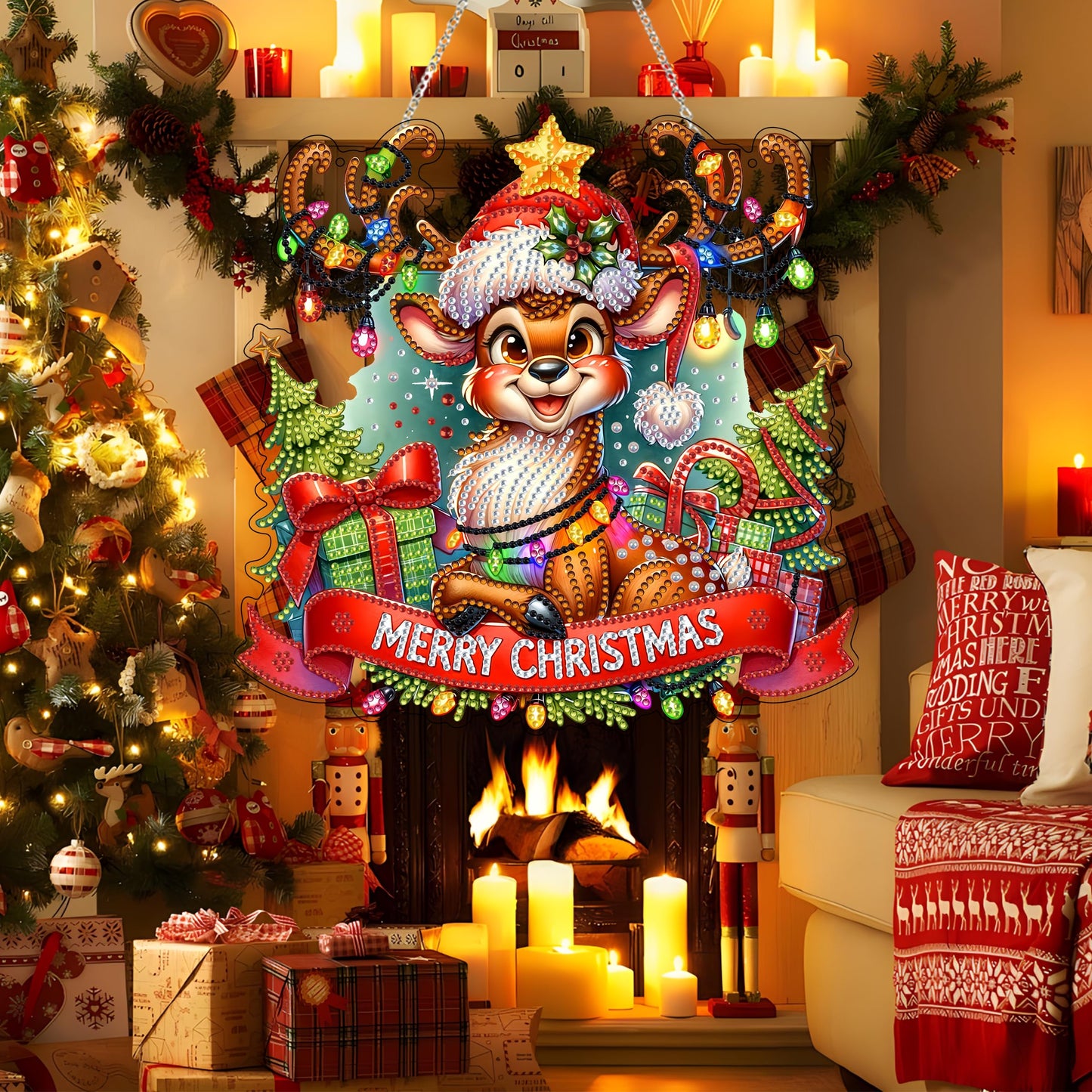 DIY Acrylic Diamond Art Painting Wreath Kits Special Shaped Rhinestone 5D Diamond Art Window Pendants Home Garden Wall Hanging Kits Hanging Ornament (Merry Christmas)