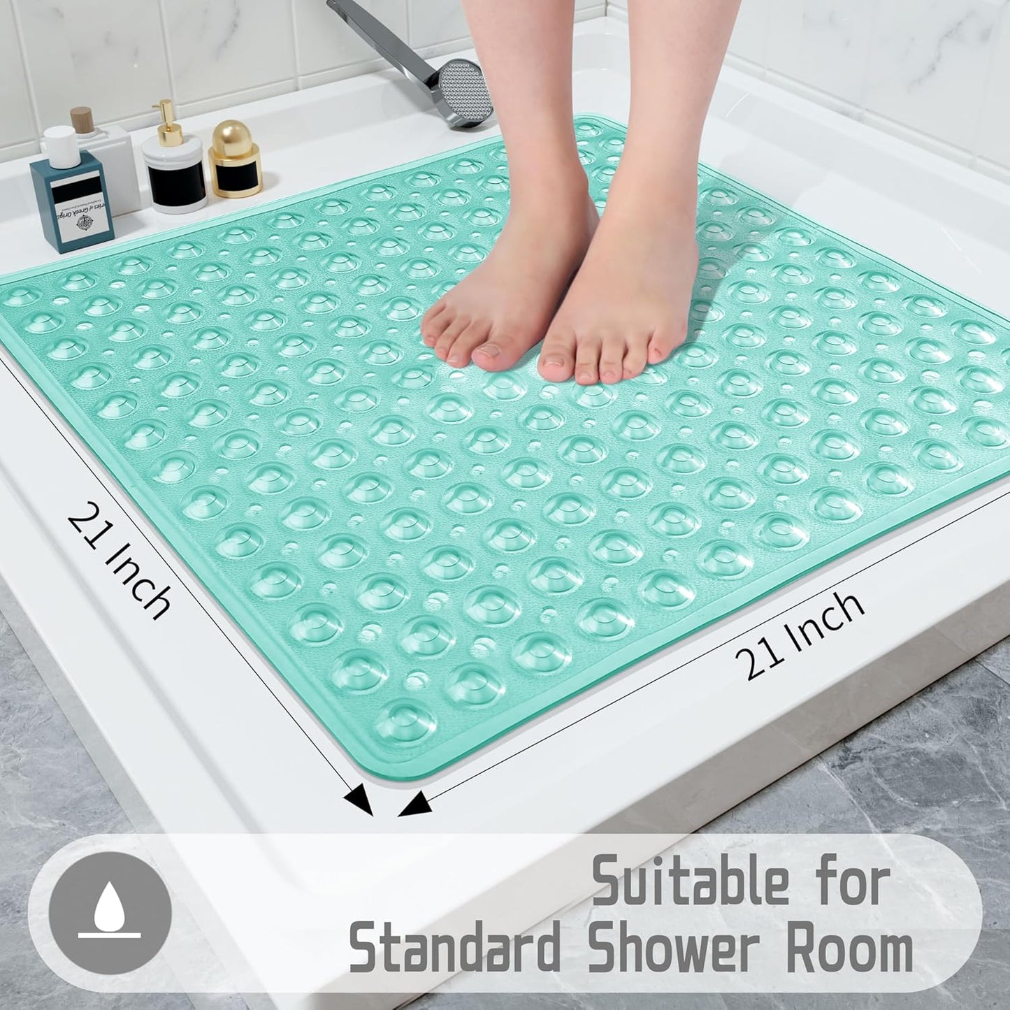 Yimobra Shower Stall Mat Non Slip, 21x21 Inch Soft Square Bath Mat with Suction Cups and Drain Holes