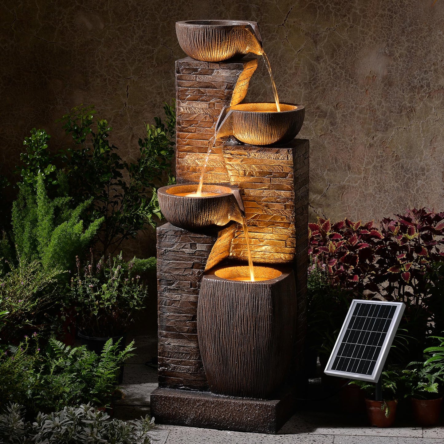 Pivotify 38.2" Tall Solar Powered Water Fountain for Outdoor,4 Tiers Modern Cascading Bowls and Stacked Stones Solar Fountains with LED Lights for Garden, Patio, Deck, Backyard and Home Art Decor