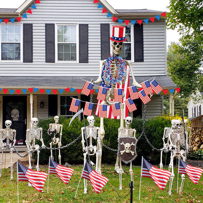 Bunnycool 4 Pcs 4th of July 12 ft Skeleton Patriotic Outfit Accessories Hat, Cape, Flag Banner, Tinsel Garland Giant Skeleton Costume Clothing for Parade Garden Lawn Outdoor Decor