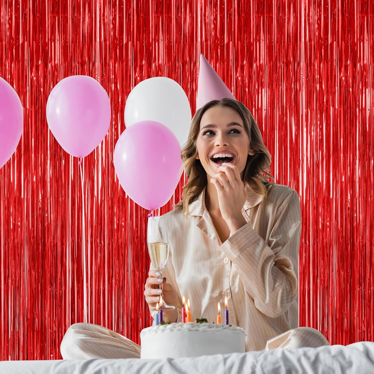 Red Backdrop by Party Essentials - 8 Pack Metallic Foil Fringe Curtains | 3.28 FT x 7.05 FT for Photo Booths & Parties