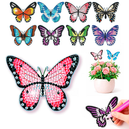 BEAUTYMEHNDI STORE 8 Pack Diamond Art Butterfly Plant Stakes – DIY Mini Diamond Painting Kit for Adults, Garden Decor, Partial Drill Jewel Art, Small Craft for Indoor & Outdoor Plants Adult
