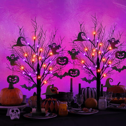 [Timer] 2 Pack 24 Inch Halloween Decorations Indoor, Black Halloween Tree with 24 LED Orange Purple Lights & 16 Pumpkin Bat Ghost Witch Hat, USB/Battery Operated Table Decorations Home Party