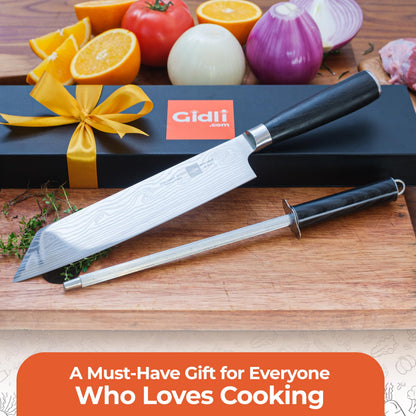 Gidli 8 Inch Chef Knife with Diamond Sharpener - Sharp German Carbon Stainless Steel Kitchen Knife for Precision Cutting - Ergonomic Wooden Handle for Comfortable Slicing and Chopping