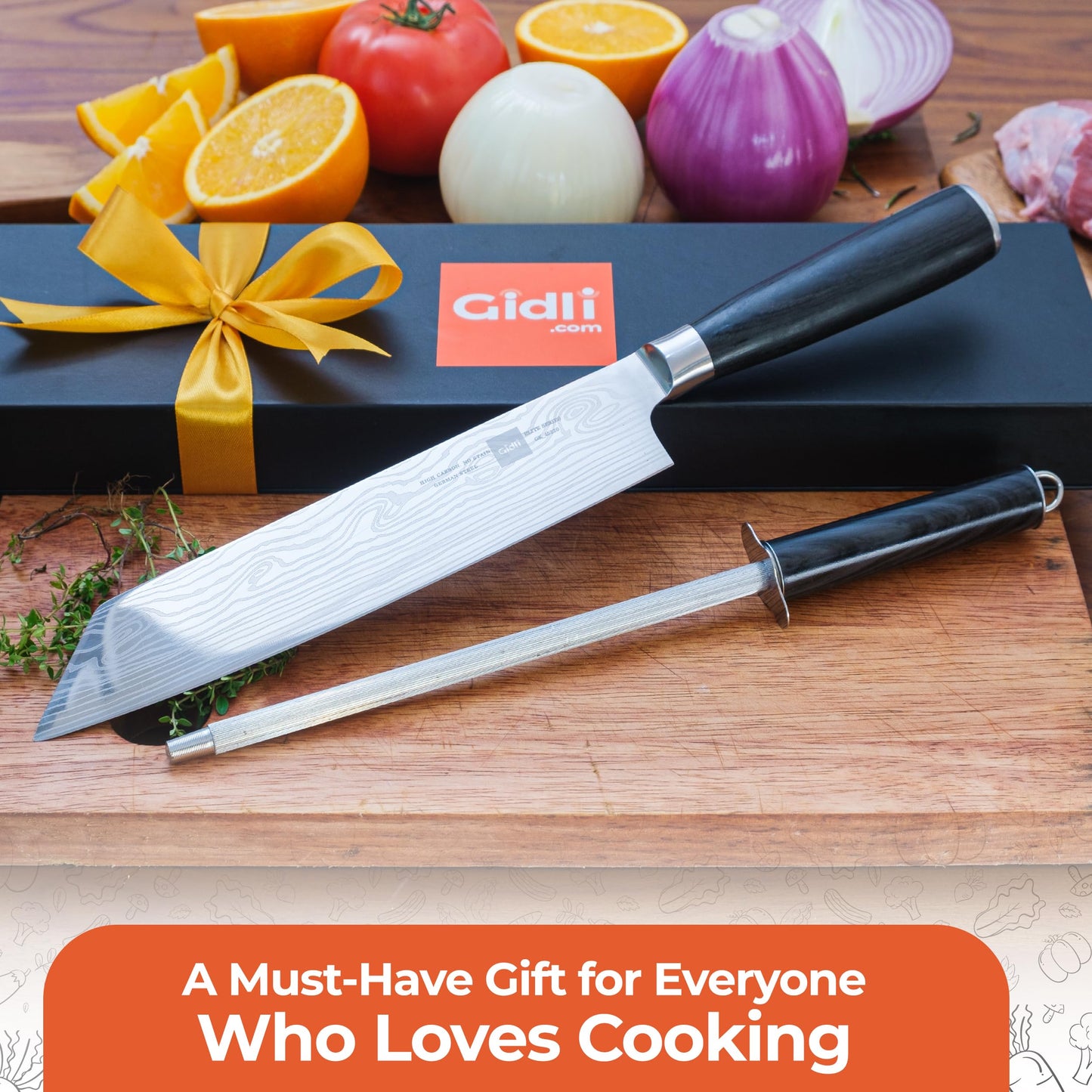 Gidli 8 Inch Chef Knife with Diamond Sharpener - Sharp German Carbon Stainless Steel Kitchen Knife for Precision Cutting - Ergonomic Wooden Handle for Comfortable Slicing and Chopping