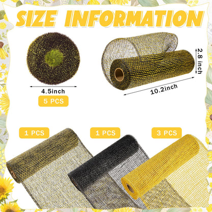 Yuxung 10 Pcs Poly Burlap Mesh 10 Inch and Disc Florets of Sunflower Center Set Wreath, Includes 5 Roll Black Yellow Mesh and 5 Pcs Foam Sunflower Head for DIY Bee Wreath Decoration Party Supplies