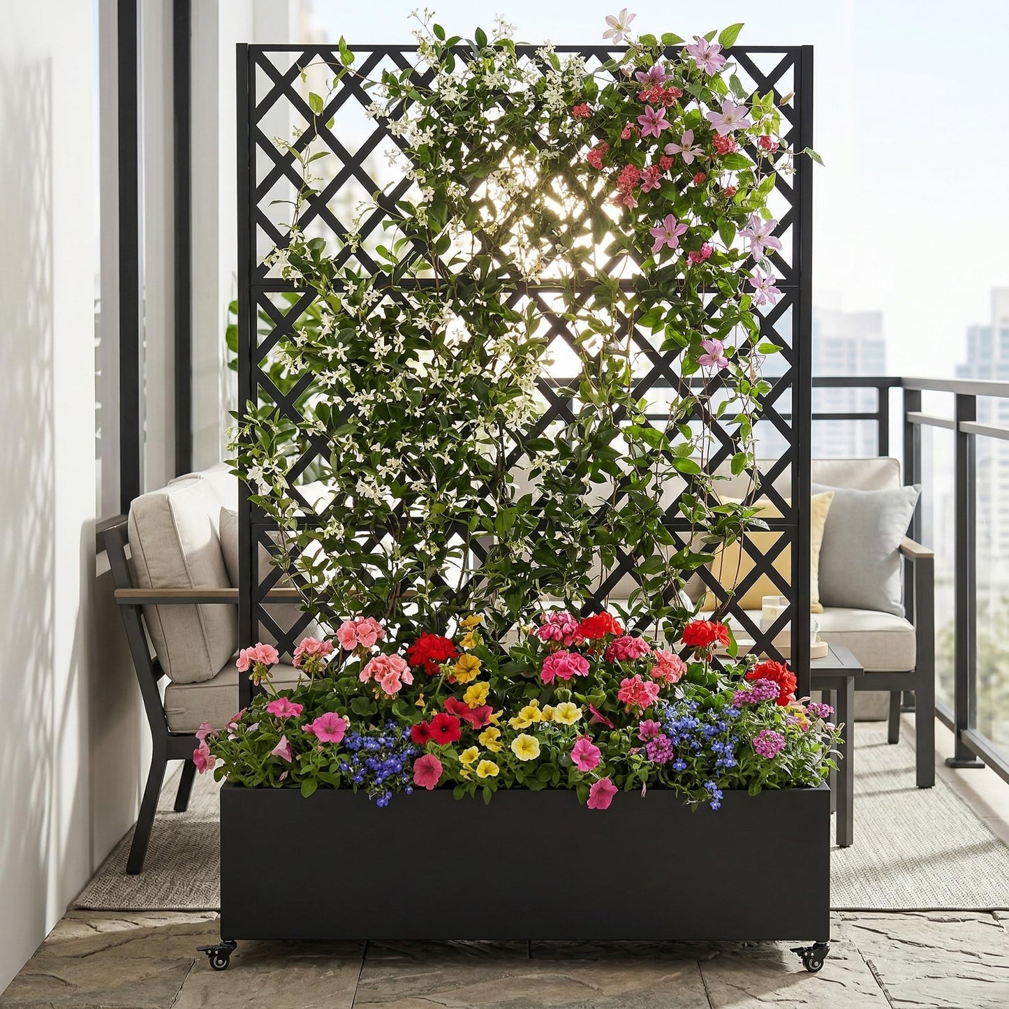 Metal Planter Box with Trellis on Wheels – Large Raised Garden Bed with Privacy Screen & Drainage Holes for Climbing Plants, Vegetables & Vines, Proof Rolling Flower Box for Patio Balcony Backyard