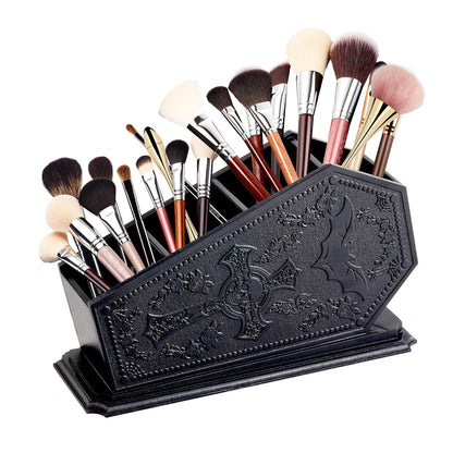 Gothic Coffin Decor Makeup Brush Holder,Spooky Witchy Gifts for Women,Bat Cosmetic Display Cases,Cross Goth Decor Pen Holder, Vanity, Desk, Office Organizer for Christmas Bedroom Bathroom,Black