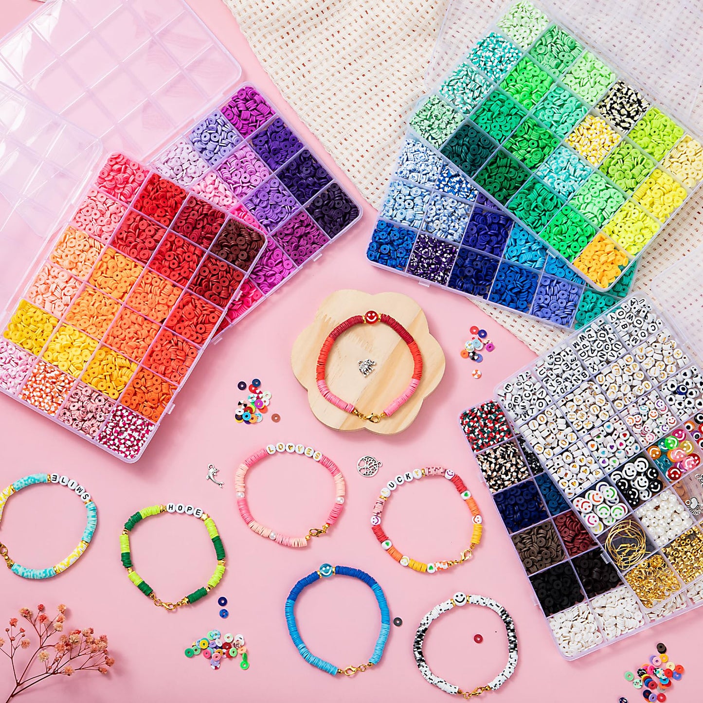Taybonds Beaded Bracelet Assembly Set – Polymer Clay & Letter Beads with Minimalist Accent Pieces, Aesthetic Jewelry Components for Adult Personal Style