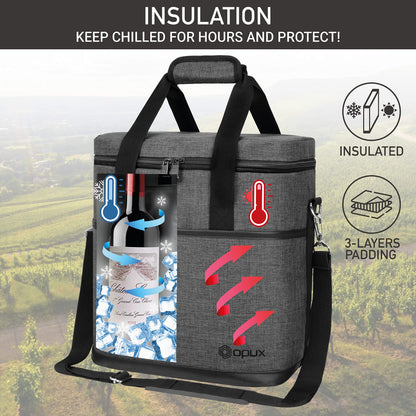 opux 6 Bottle Carrier Tote | Insulated Padded Wine Cooler Bag for Travel. Picnic, BYOB | Portable Leakproof Wine Tote Bag for Dinner, Party, Christmas, Wine Gift for Women, Men (Charcoal Gray)
