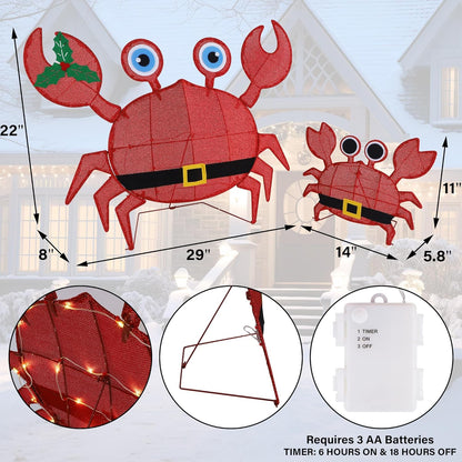 Set 2 2D Prsildan Outdoor Christmas Decorations - of LED Lighted Crab Yard Decor, Battery Operated Holiday Lawn Figures