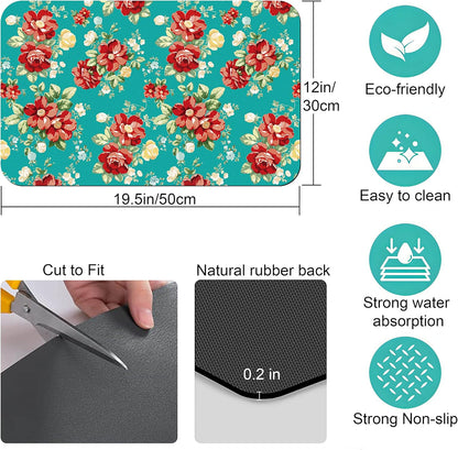 Coffee Bar Mat Accessories for Countertop, Pioneer Flower Rubber Backed Dish Drying Mats, 20x12in, Fit Under Coffee