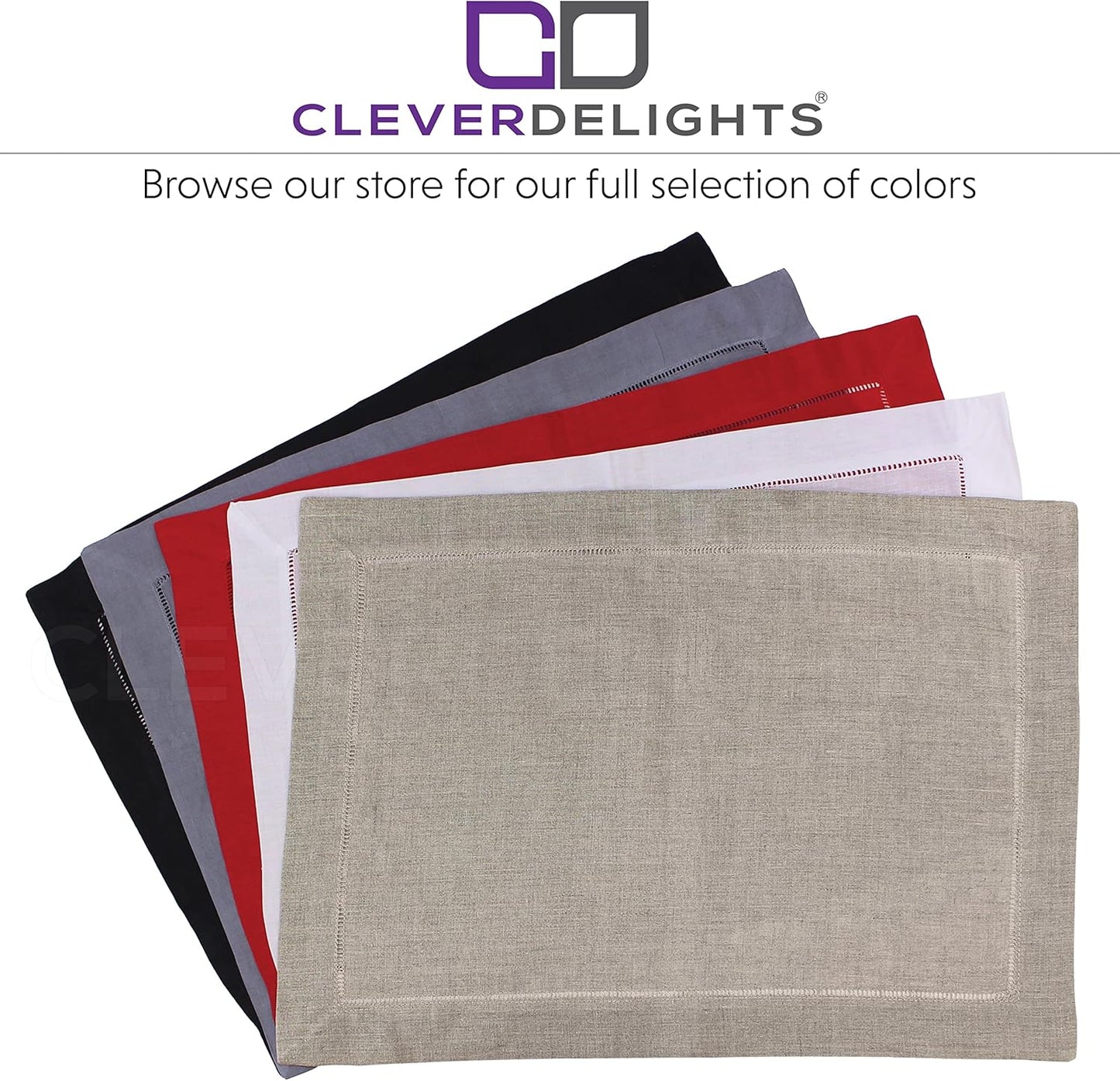 CleverDelights Natural Linen Hemstitched Placemats - 6 Pack, 14" x 20"