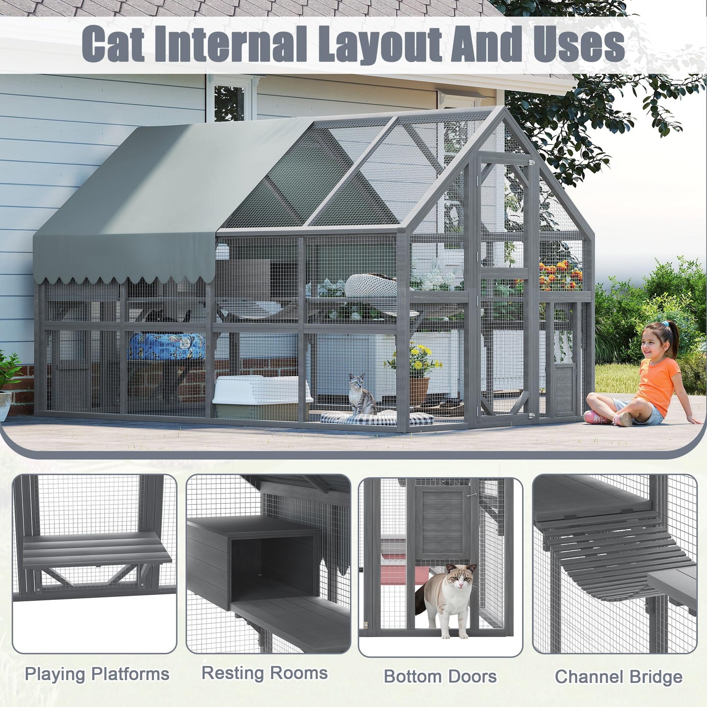 KEIKI 110" Large Outdoor Cat Enclosure for Multiple Cats, Weatherproof Wooden Catio with 7 Platforms, 2 Resting Boxes, 2 Bridges & Canopy, Secure Outdoor Cat House, Gray