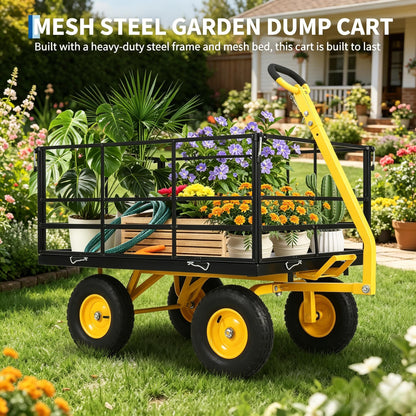 1500Lbs Steel Mesh Garden Cart, Heavy-Duty Utility Wagon with Removable Sides, Outdoor Wagon with Rubber Tire and Handle for Gardening Soil, Tools and Plant Transport(Green)