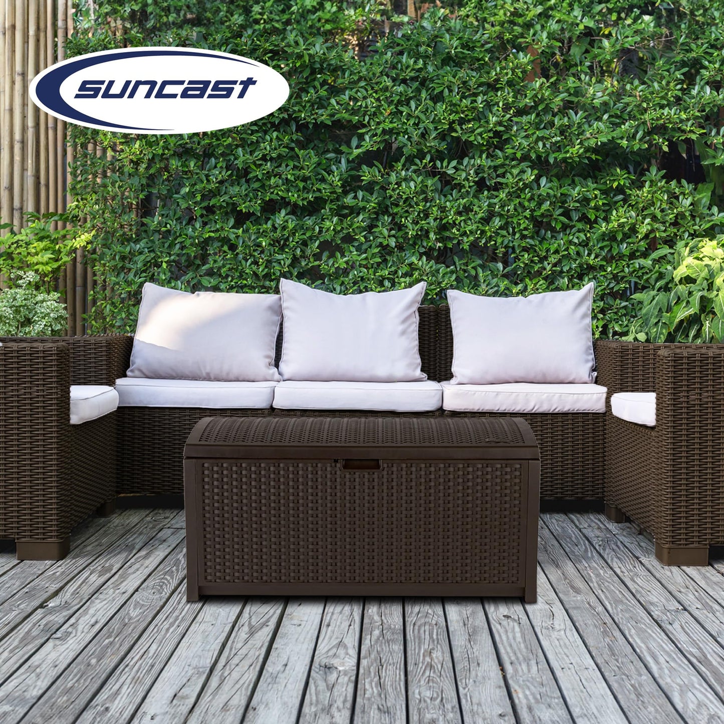 Suncast 73-Gallon Medium Deck Box - Lightweight Resin Indoor/Outdoor Storage Container and Seat for Patio Cushions and Gardening Tools - Store Items on Garage, Yard - Mocha Brown