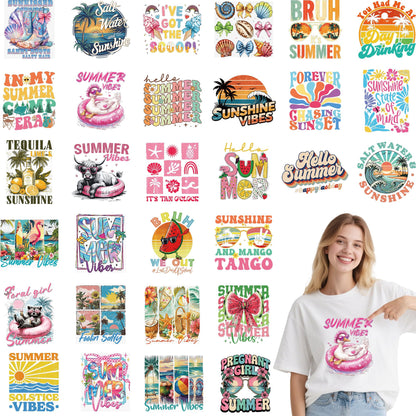 MOIZYNG 30 Sheets Summer Iron on Transfers for T-Shirts, Beach Vacation DTF Transfers Ready to Press Heat Transfers Vinyl, Retro Iron on Patches for Clothes Bag Pillow Covers DIY Crafts