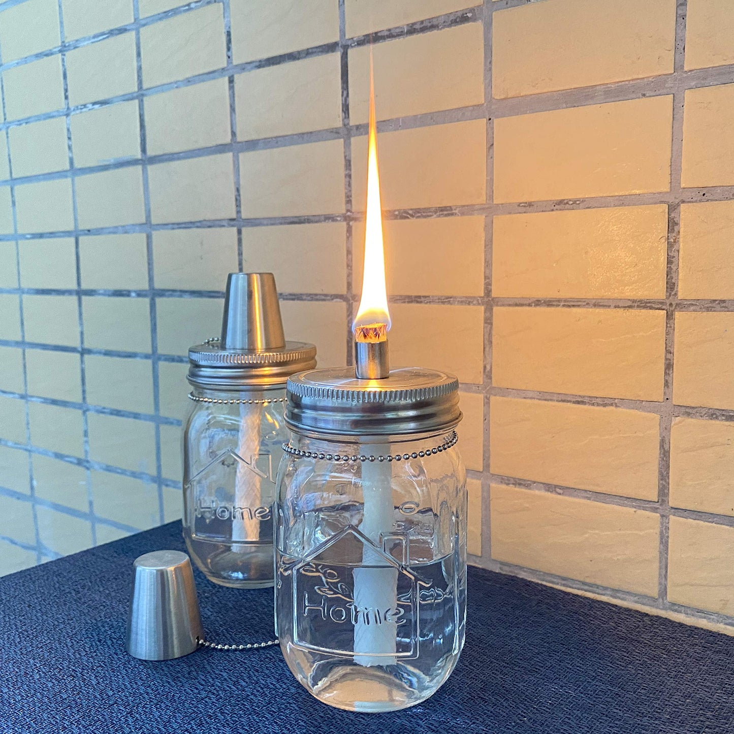 Yitee Mason Jar Tabletop Torch Kits,4 Pack Longlife Fiberglass Wicks,Stainless Steel Mason Jar Lids Caps Included,Outdoor Deck Oil Lamp Torch,Patio Xmas Decor