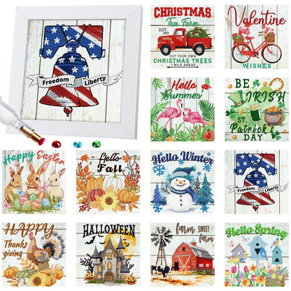 Trandraft 13 Pcs Interchangeable Holiday Diamond Art Kits for Adults 5D Framed Seasonal DIY Diamond Paint with Full Drill Gems for Beginner Monthly Table Craft Gift Decor (Stylish Style)