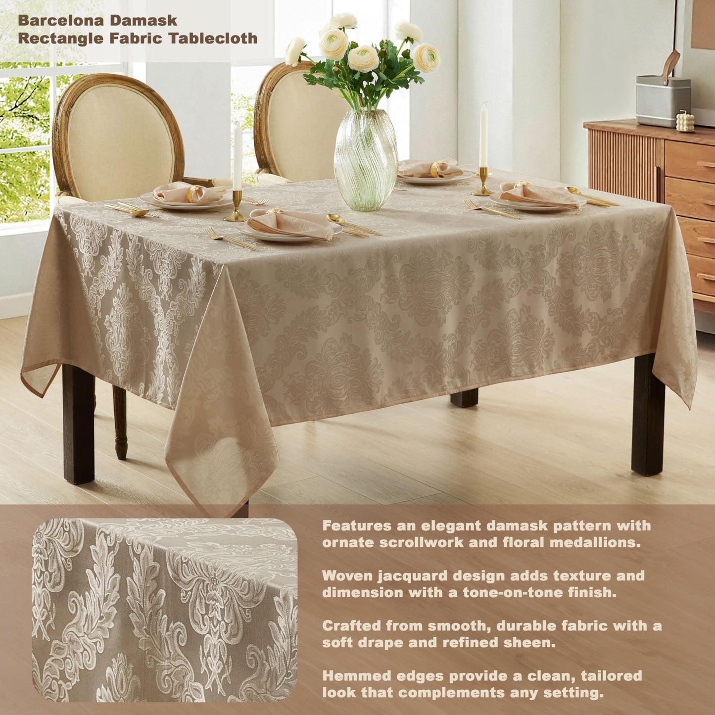 Newbridge Barcelona Luxury Damask Fabric Tablecloth, 70” Extra Wide x 90” Rectangle, Golden Beige, 100% Polyester, No Iron, Soil Resistant Dining Room, Party and Banquet Table Cover