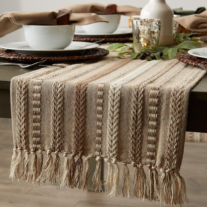 15x72 (15x77, DII Farmhouse Braided Stripe Table Runner Collection, Fringe Included), Stone