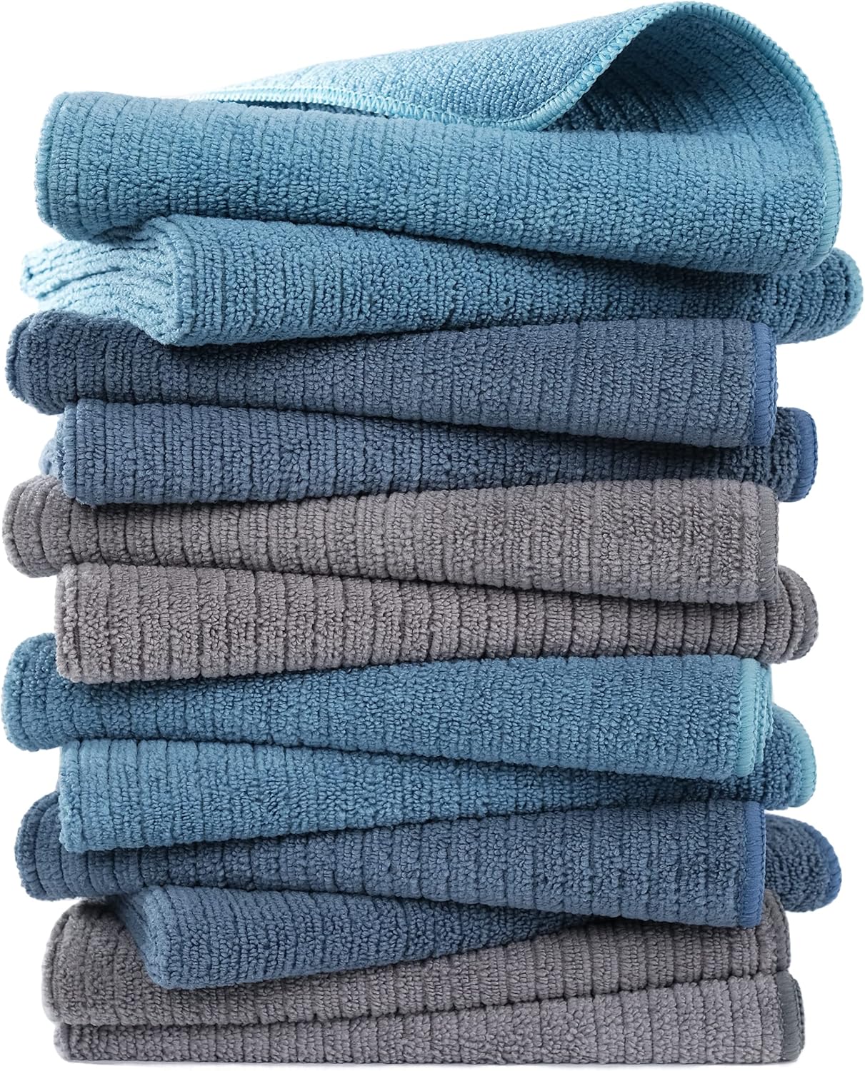 12 Pack 16x28 POLYTE Premium Microfiber All-Purpose Ribbed Terry Kitchen Towel, (Blue, Gray, Teal, in)