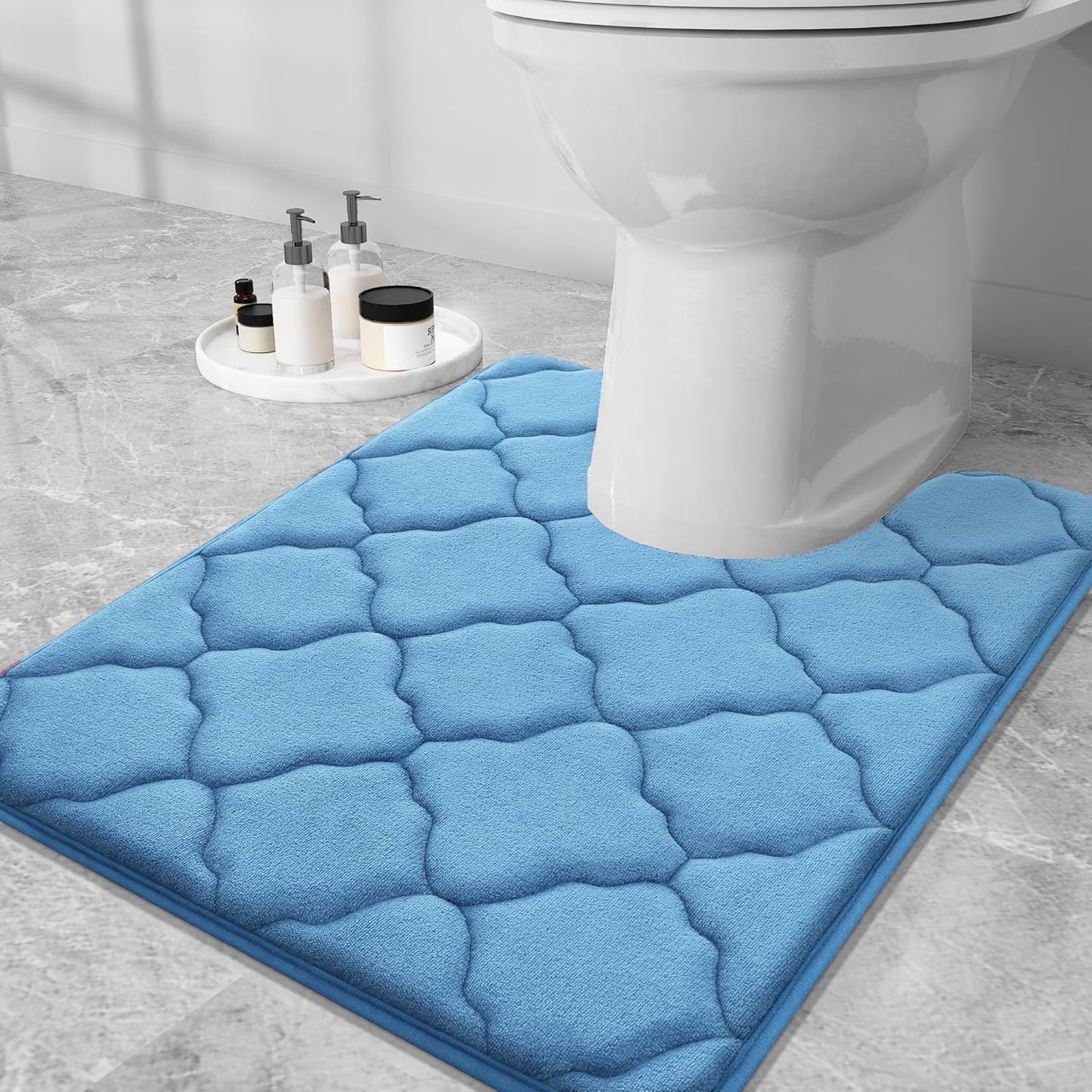 OLANLY Memory Foam Toilet Rugs U-Shaped 24x20 - Ultra Soft and Absorbent Non-Slip Bathroom Mat, Blue