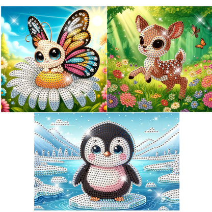 Modern Merch Small Diamond Art Packs Butterfly Deer & Penguin, Animal Diamond Dots for Adults, Jewel Art Painting Kits, Mini Gem Arts and Crafts for Adults, Round Drill 3 Pack Partial Drill