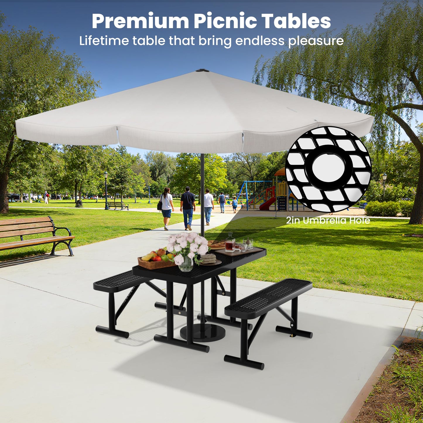 Sunnibety 4FT Metal Picnic Tables for Outdoors, Commercial Rectangular Picnic Table for Outside, Park, Campfield, Patio, Garden, Yard, Thermoplastic Coating, Surface Mounted, Black