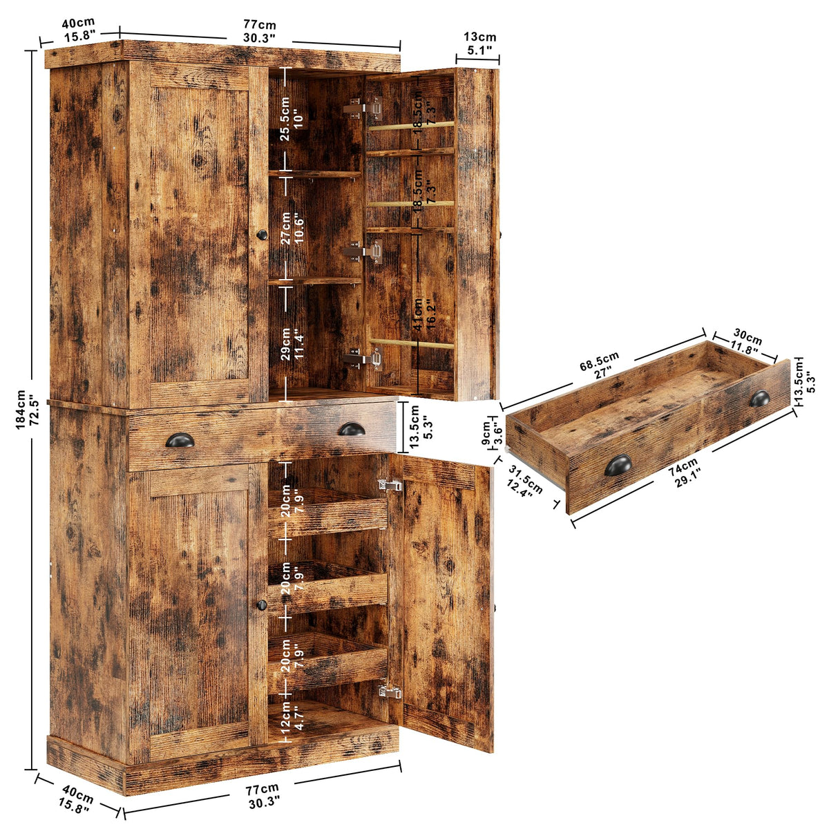 IRONCK Kitchen Pantry Cabinet 72" Height, Freestanding Cupboard with Drawer, Sliding Storage Rack, and 6 Hanging Shelves for Dining Room, Laundry, Living Room, Vintage Brown