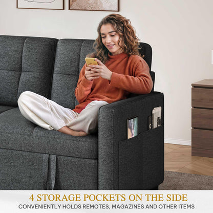 YITAHOME 55" Convertible Sofa Bed, 3-in-1 Sleeper Sofa with Iron Frame Pull-Out Bed, Linen Futon Couch with Reclining Backrest and Side Pocket, Modern Loveseat for Living Room Bedroom Apartment, Grey