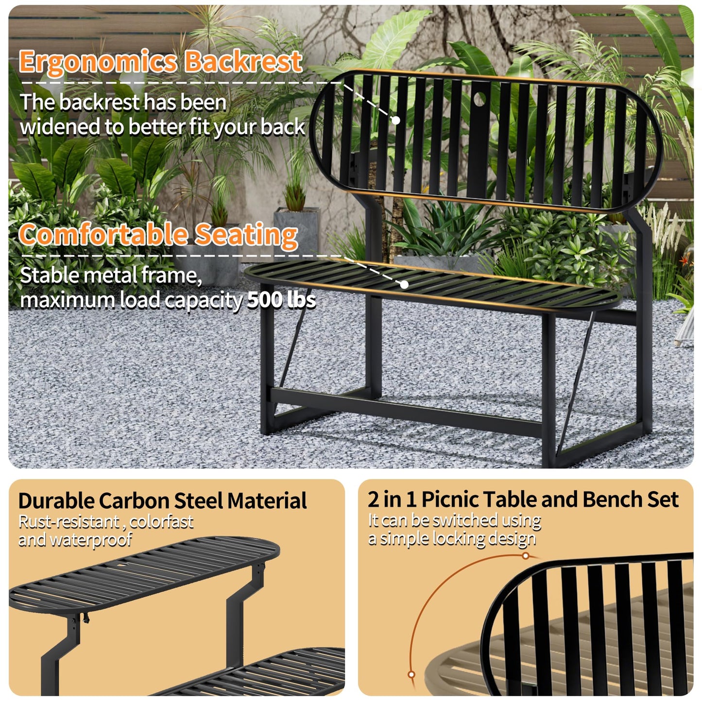 ZONVEOKE Convertible Bench, 2 in 1 Carbon Steel Picnic Table, Transforming Interchangeable Outdoor Table with Umbrella Hole, for Outside Patio Porch Backyard Park Garden 2 Pack Black Bench