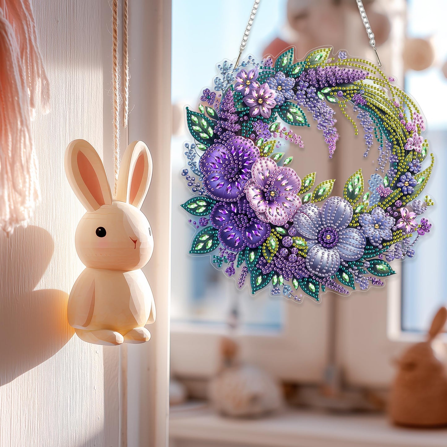 Eiflow Spring Diamond Art Hanging Kit for Adults, DIY Diamonds Painting Door Hanging Board Kit, Special Crystal Diamond Art Painting Pendant Ornament (Flower Wreath)