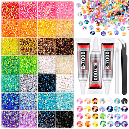 16000Pcs Resin Rhinestones for Bedazzling Kit, Mixed-Color 4mm Bedazzled Crystal with 3Pcs 10ml B7000 Jewelry Glue, Flatback Gems for DIY Crafts Clothing Nail Art Makeup