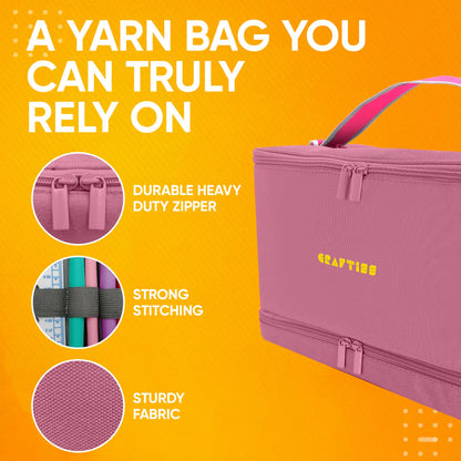 CRAFTISS Crochet Bag Yarn Storage - Knitting Gift - Durable Canvas Yarn Bag for Crochet Accessories - Organizer with Built-In Knitting Accessories Case (Pink)