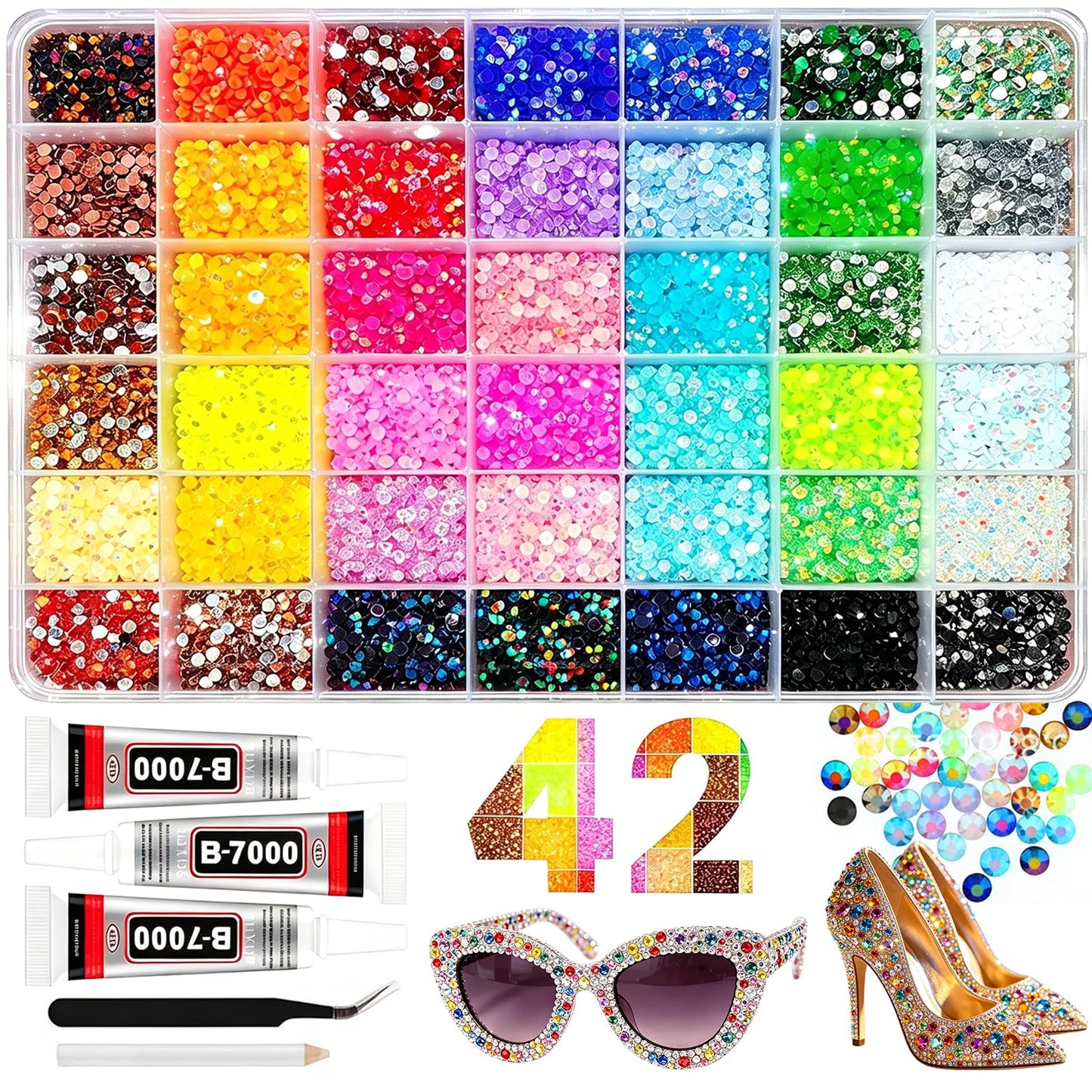 Bedazzler Kit with Rhinestones - 46000Pcs Resin Jelly Rhinestones 3mm Flatback Gems with 3Pcs B7000 Jewelry Glue, Tweezers & Pickup Pen for Nail Art, Diamond Art, DIY Crafts, Clothes, Shoes & Makeup