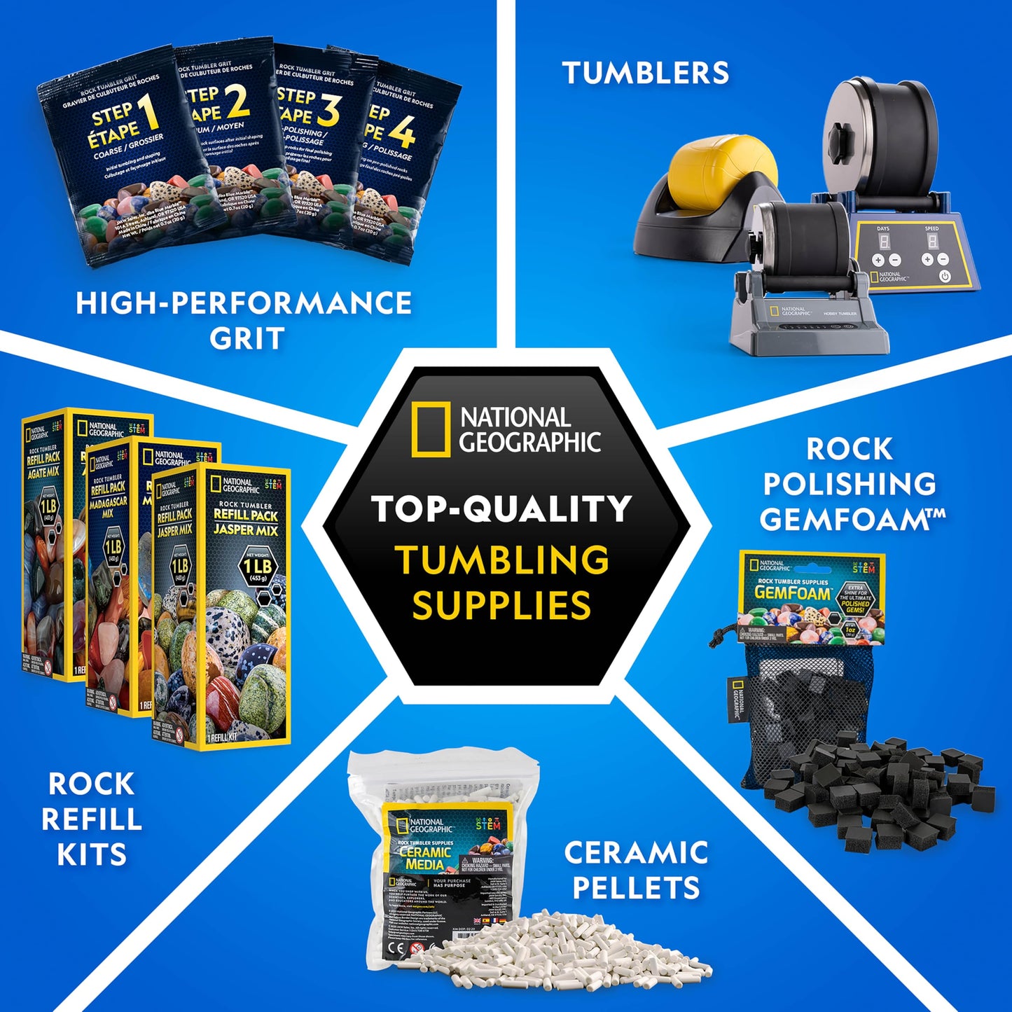NATIONAL GEOGRAPHIC Rock Tumbler Grit & Media Refill Kit – Rock Polishing Supplies Kit, 4-Stage Silicon Carbide Bulk Grit, 1.5 Pounds of Ceramic Pellets, Stone Tumbling & GemFoam Polishing Media