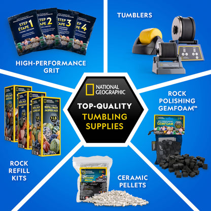 NATIONAL GEOGRAPHIC Rock Tumbler Grit & Media Refill Kit – Rock Polishing Supplies Kit, 4-Stage Silicon Carbide Bulk Grit, 1.5 Pounds of Ceramic Pellets, Stone Tumbling & GemFoam Polishing Media