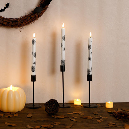 SEHNSY Halloween Flameless Taper Candles with Remote and Timer, 4 Pack Spider and Web Battery Operated LED Flickering Real Wax Candles, Spooky Decor for Halloween Table and Mantel