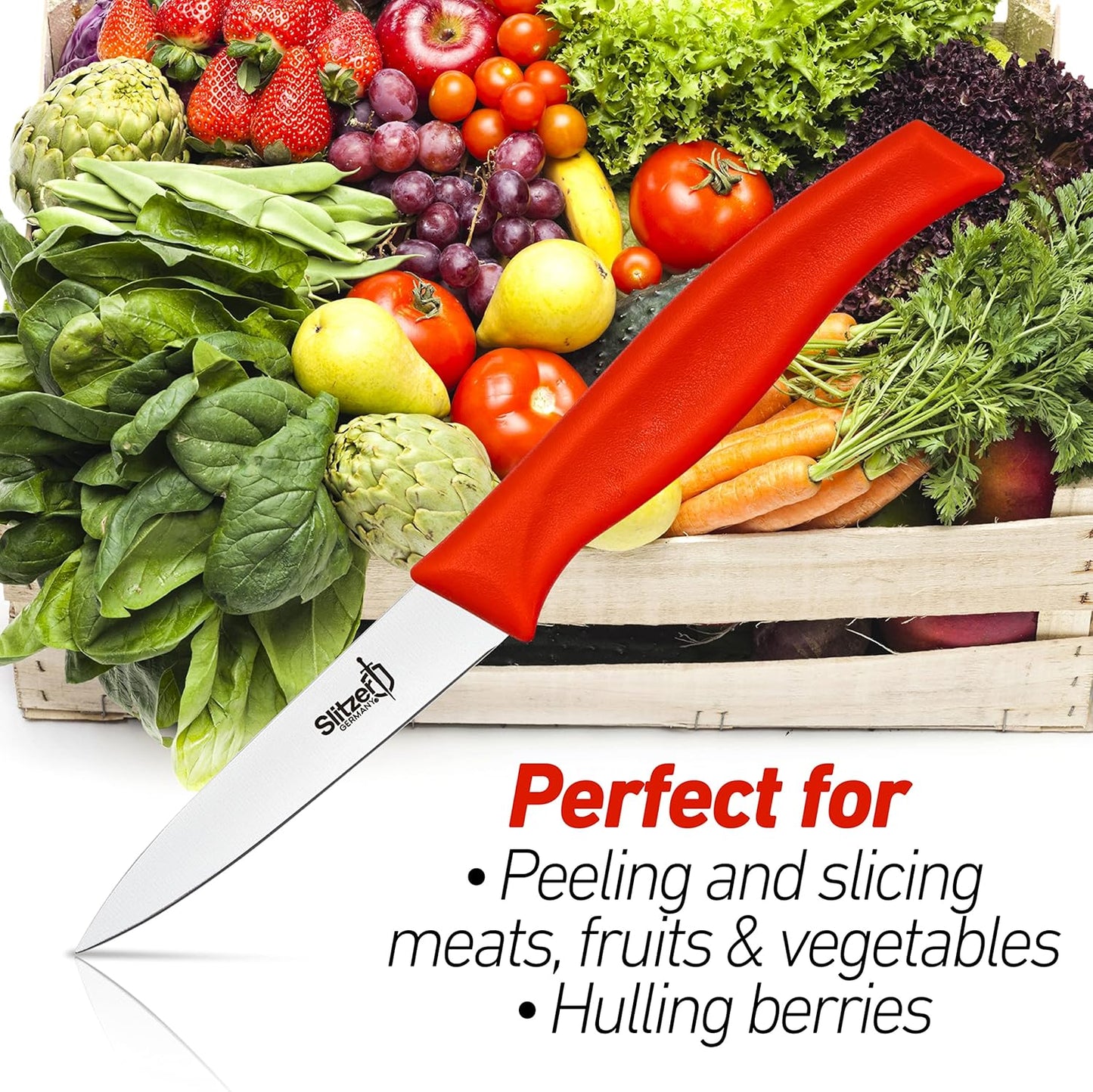 Paring Knife, 8 Inches German Stainless Steel Blade, 3/12 Inch Blade, Red
