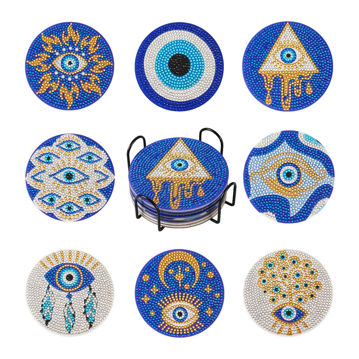 Cheriswelry 8Pcs Evil Eye Diamond Painting Coasters Set Bohemia Style Art Painting Coasters with Holder 5D DIY Diamond Painting Drink Mat Kits for Beginners Adults Kids DIY Coasters