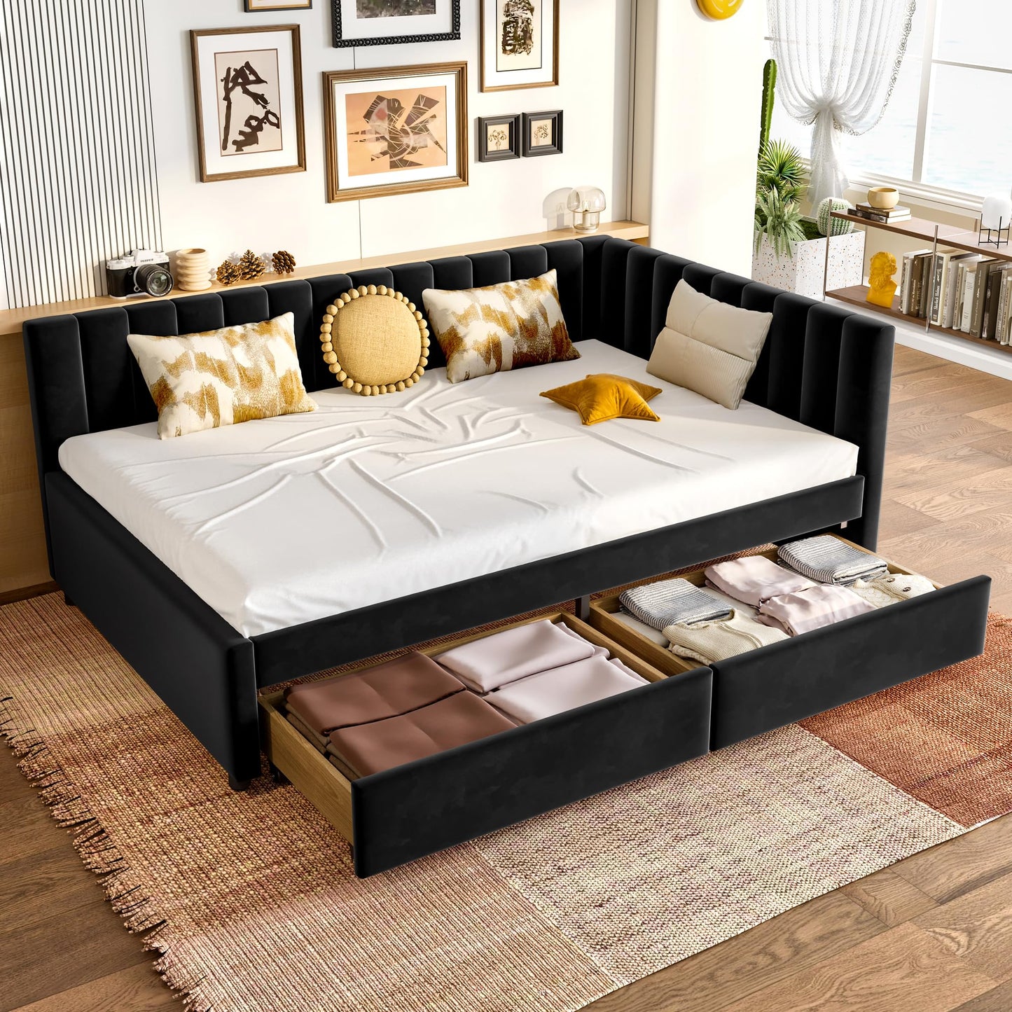 GDFStudio Twin Size Daybed with Trundle, Upholstered Platform Bed Frame with LED Light, Storage Shelves, USB Charging Station, Velvet Twin Bed Frame with Slat Support, No Box Spring Needed, Dark Grey