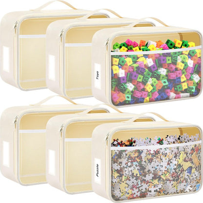 Abbylike 6 Pack Toy Storage Bag Bricks Building Set Car Toy Organization Bags for Traveling Carrying Case, Storage Organizer Puzzles(White)