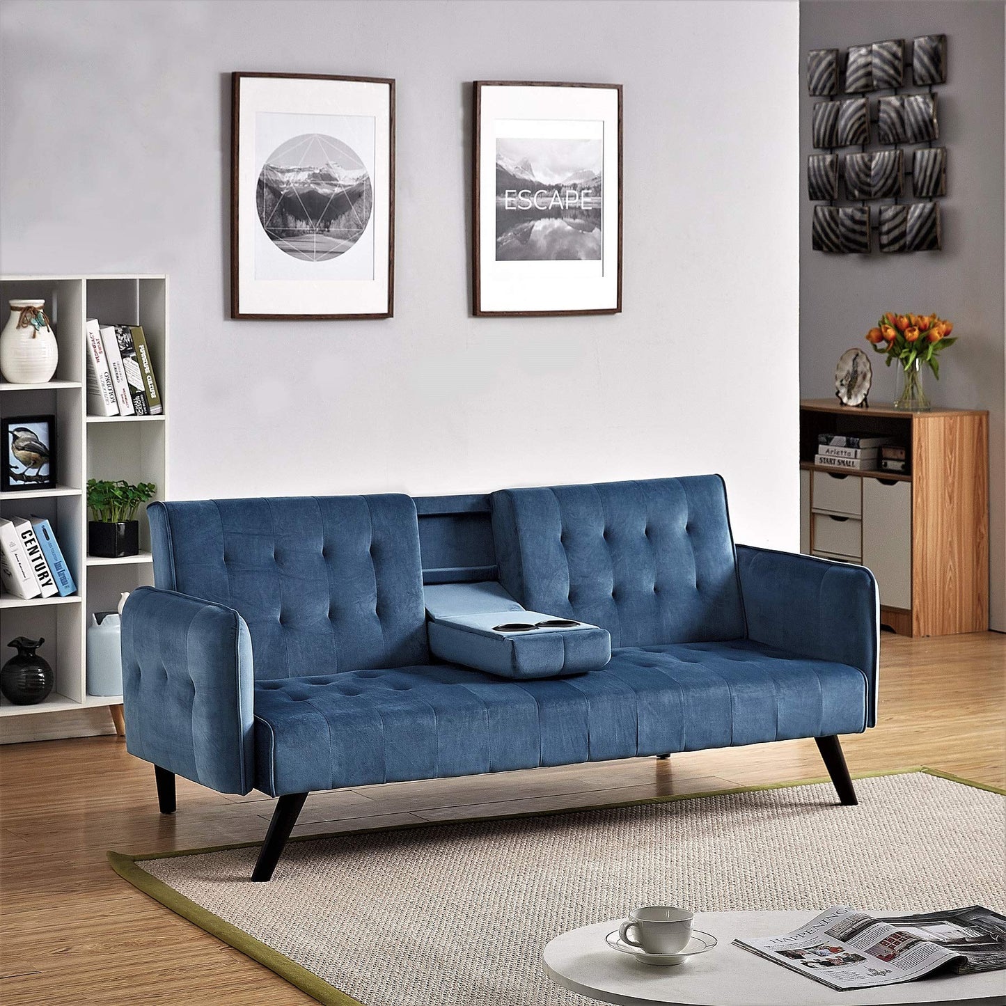 Container Furniture Direct Mid-Century Modern Velvet Uphostered Sofabed, Blue Mist