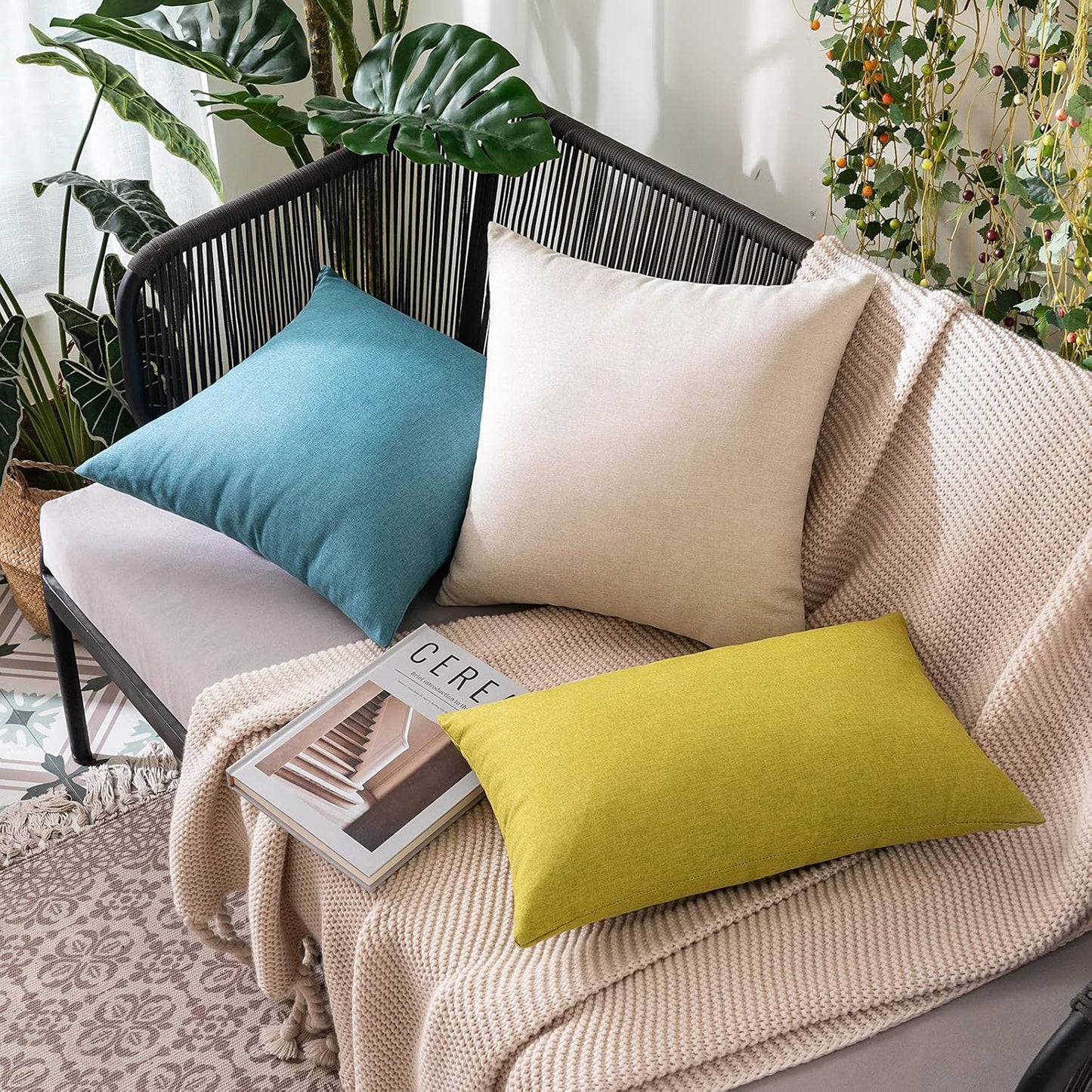 MIULEE Decorative Outdoor Throw Pillow Covers - Waterproof Faux Linen Cushion Cases | 20x20 Inch Beige (Pack of 2)