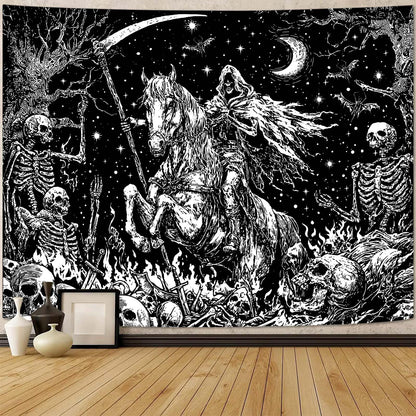 Lifeella Gothic Skeleton Tapestry, Horror Moon Skull Dark Death Grim Reaper Wall Art for Bedroom Grunge Room Decor, Black and White 44x60 inches