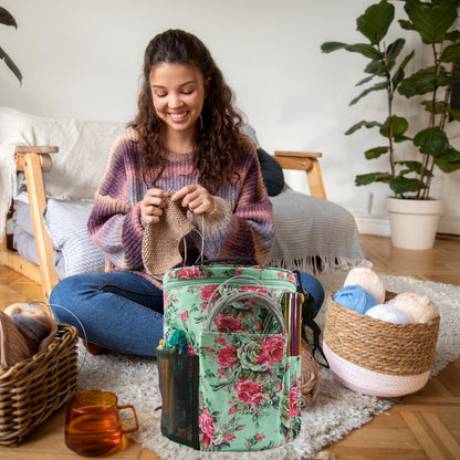 WAZAIGUR Green Flowers Pattern Large Capacity Multifunctional Crocheting Knitting Project Bag Strong Yarn Storage Organizer Bag Tote Travel Crochet Needles Bag