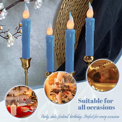 Dark Blue Flameless Short Taper Candles, Real Wax Hand Dipped LED Battery Operated with Remote, Flickering Flame Lights for Festival Party Home Décor, 6.7 Inch Primitive Flameless Candles, 4PCS